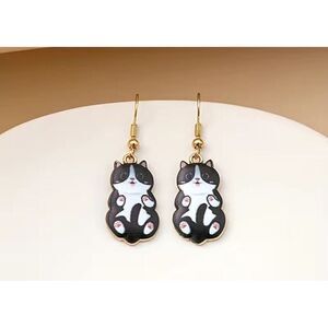 Cat Earrings, Cute Black Enamel Gold Tuxedo Kitty Cat Dangles NWT